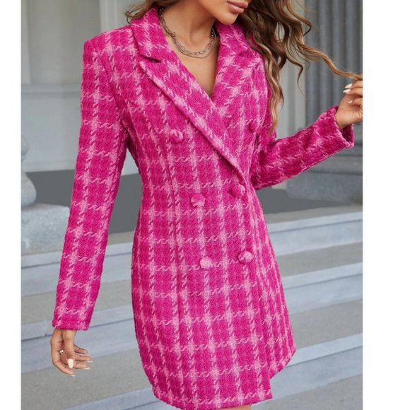 Plaid Double Breasted Pink Tweed Blazer Dress Mini Dress - Picture 7 of 9